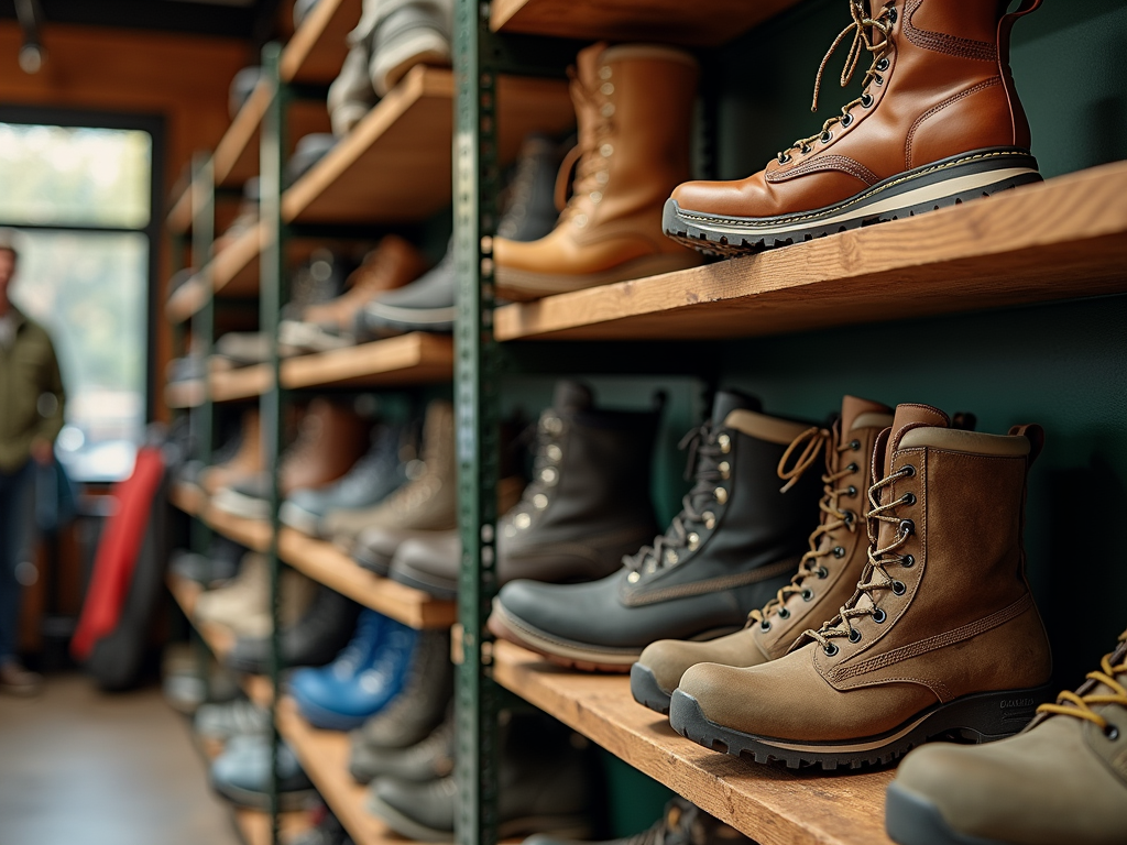 A variety of boots displayed on wooden shelves in a store, with a blurred figure in the background.