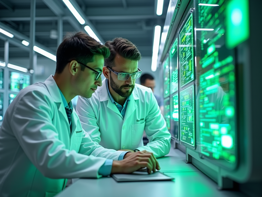 Two scientists in lab coats analyze data displayed on high-tech screens in a modern laboratory setting.