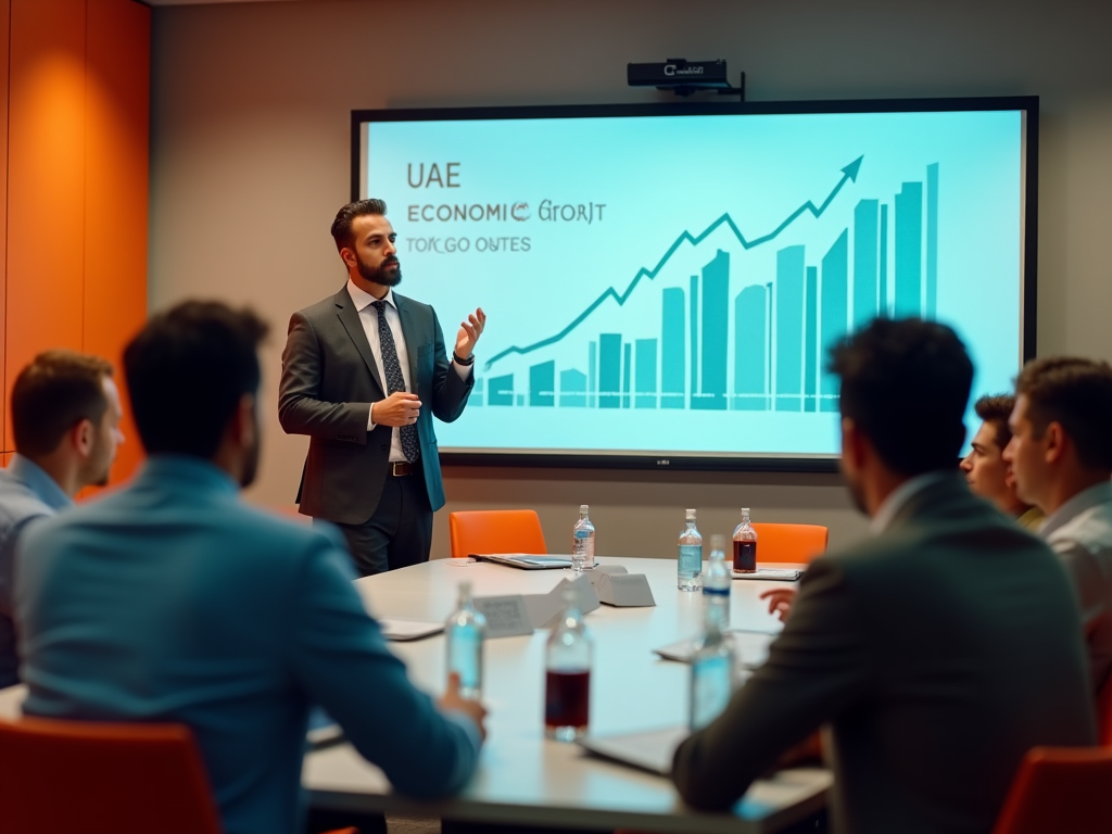 Man presenting economic growth chart to colleagues in a meeting room.