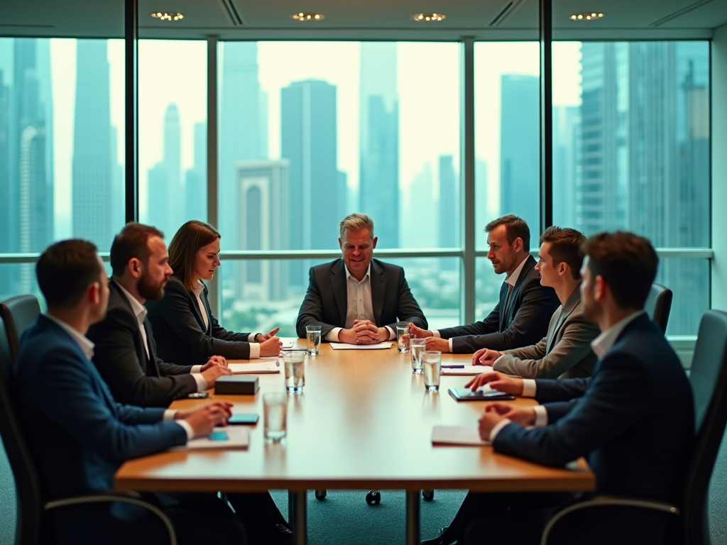 Business professionals in a meeting room with cityscape view through glass windows.