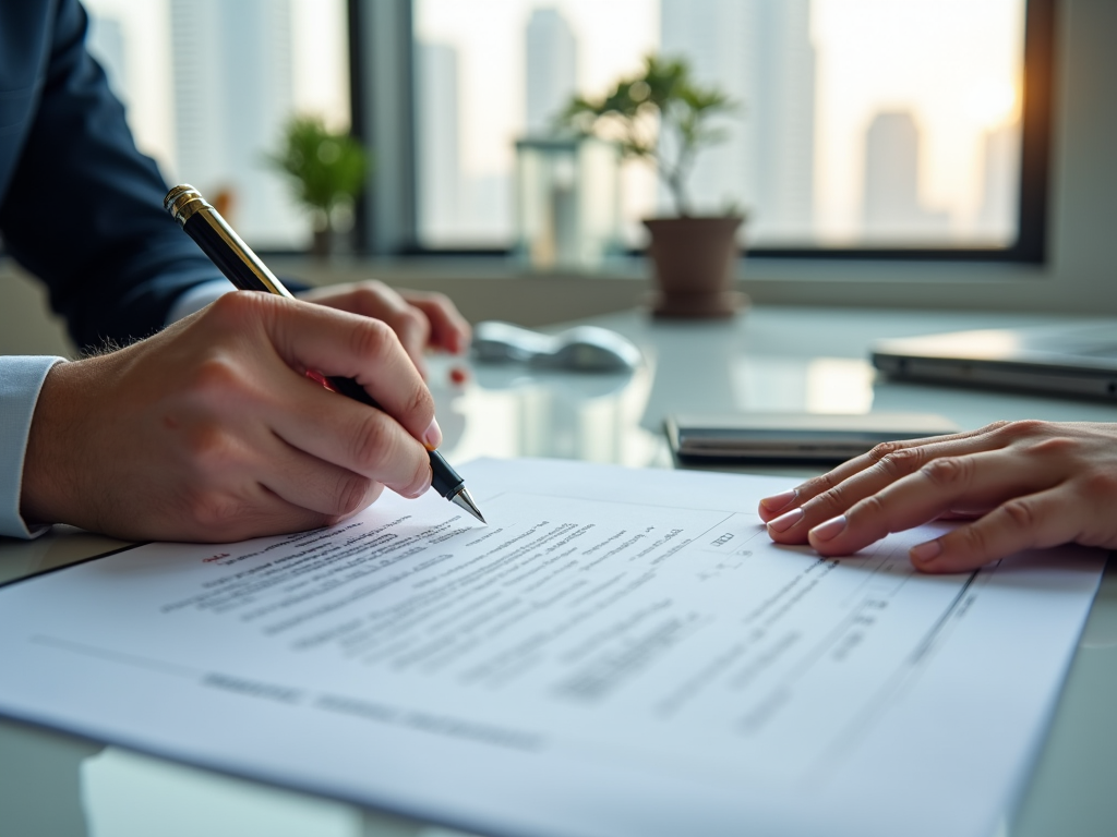 Person signing a document in an office with cityscape in background.