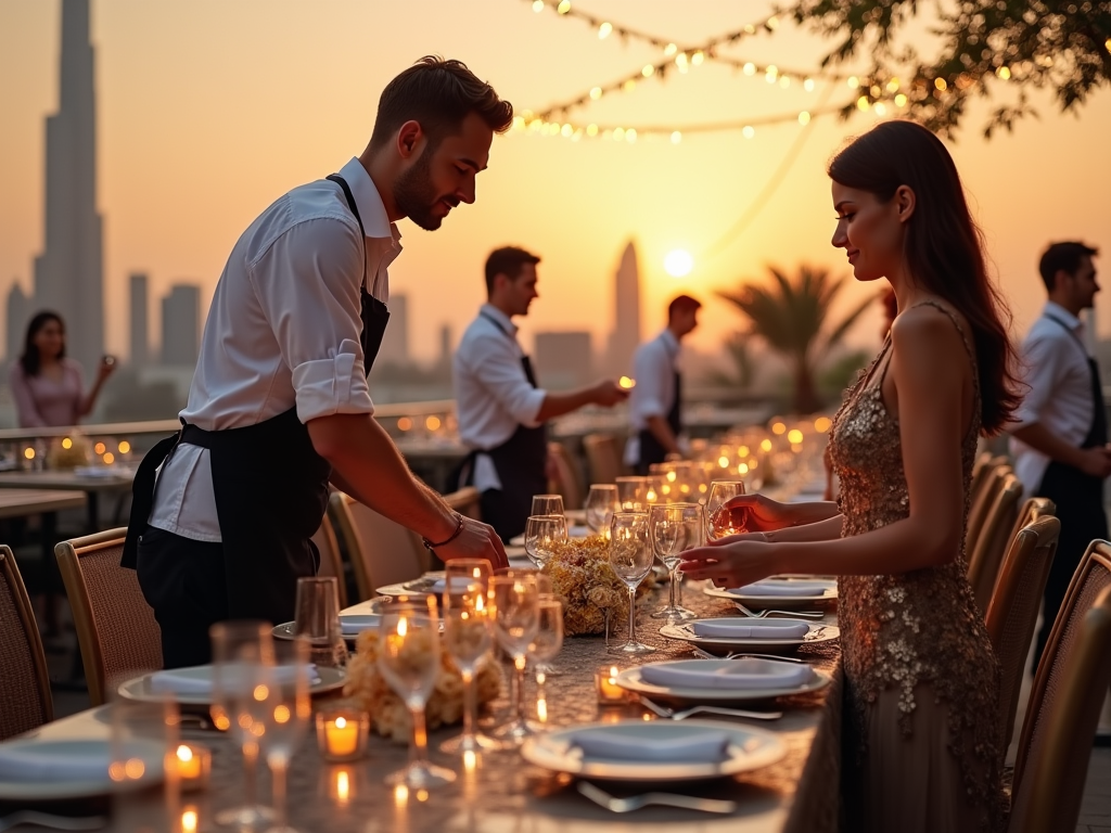 A waiter prepares a beautifully set table as the sun sets over a city skyline, creating a romantic atmosphere.