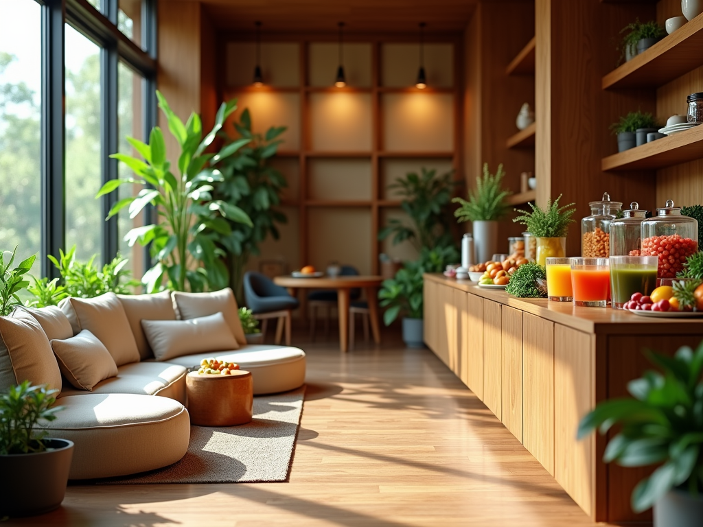 A bright, cozy room with a sectional sofa, wooden shelves, plants, and a table with colorful drinks and snacks.