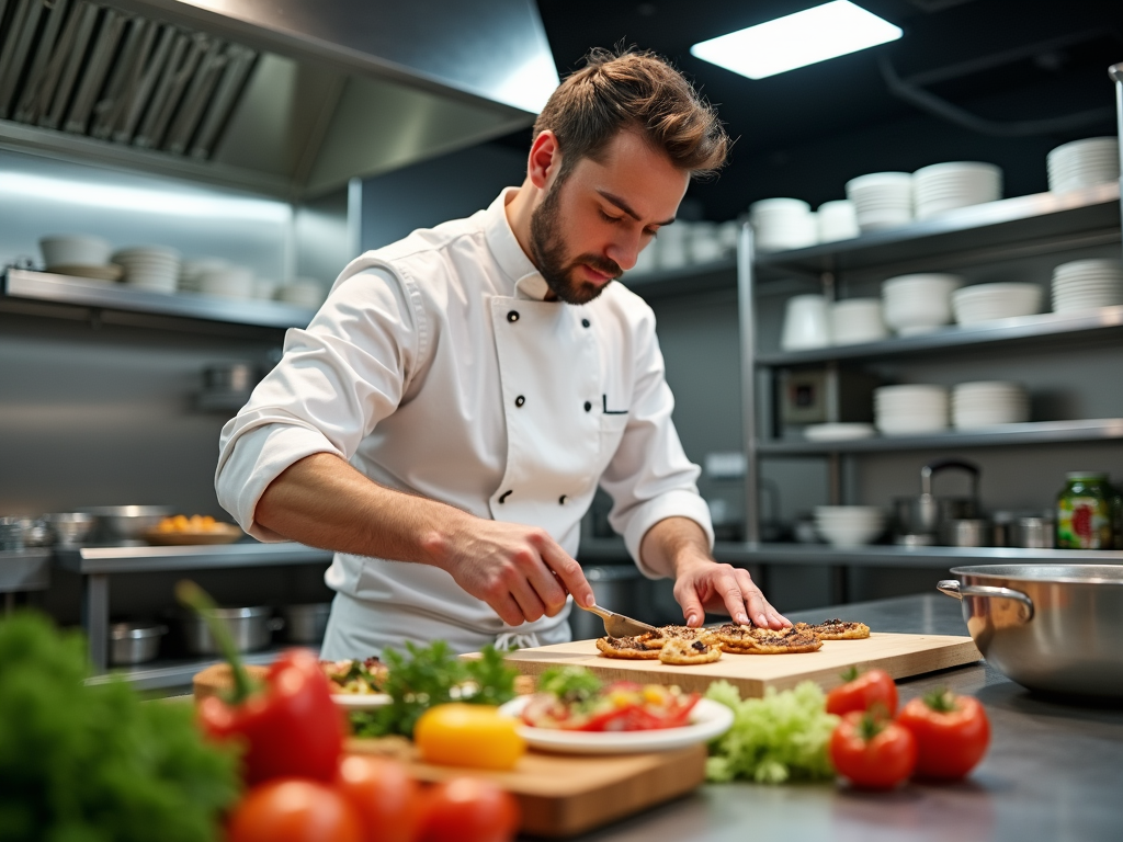 A chef prepares food in a professional kitchen, with fresh ingredients and cooking utensils in the background.