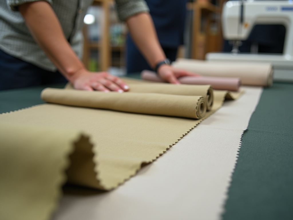 Person rolling out fabric on a table in a sewing workshop.