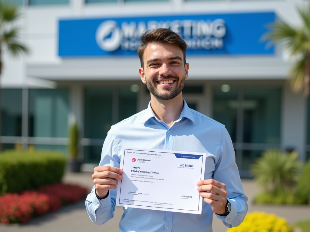 Man smiling, holding a certificate, standing in front of a building labeled 'MARKETING RESEARCH'.