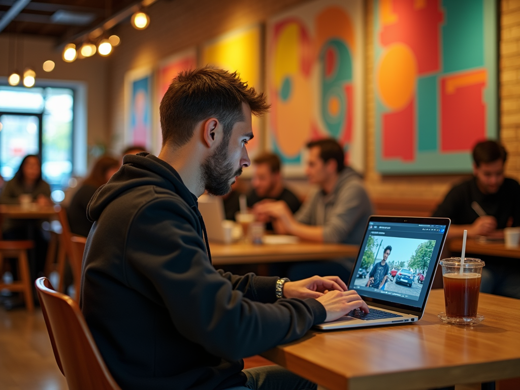 A person using a laptop in a cafe, focused on the screen, with vibrant artwork in the background.