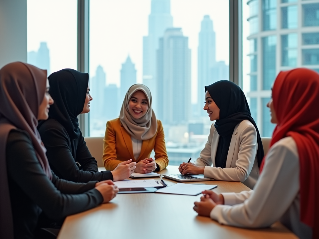 Group of five women in hijabs having a meeting at a table in a high-rise office with city skyline behind.