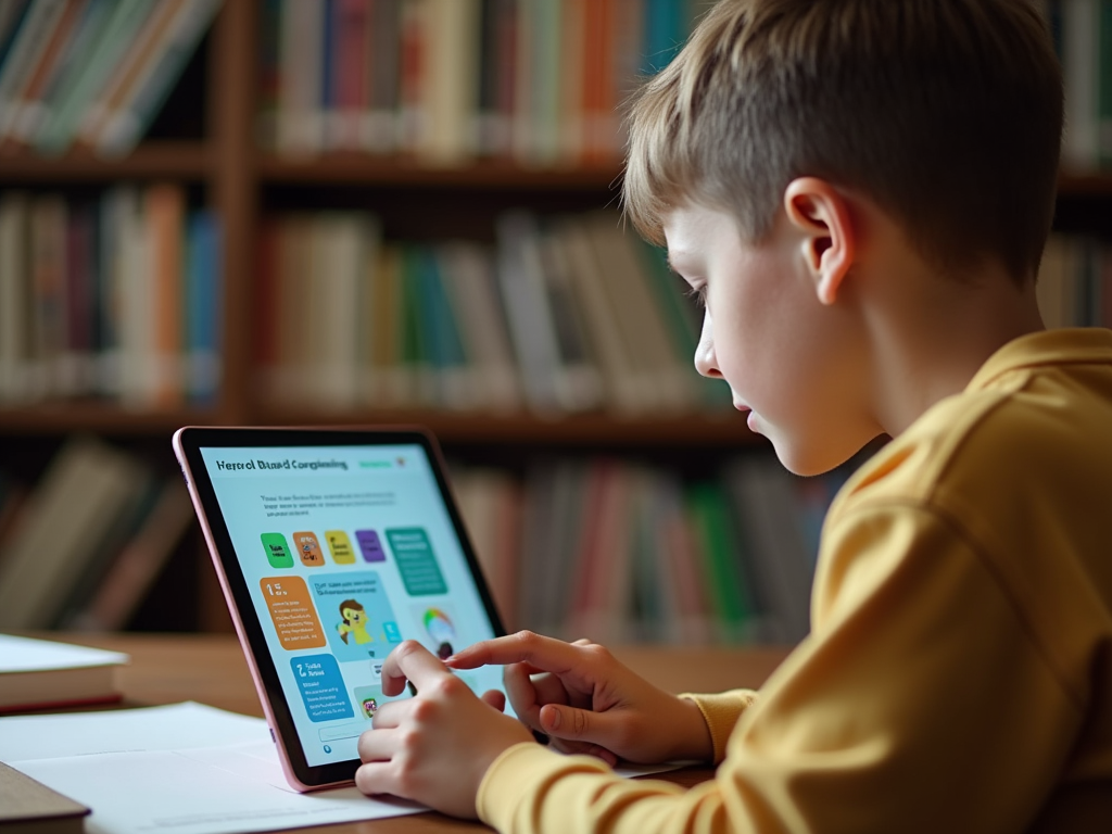 A young boy in a yellow hoodie focuses on a tablet with educational content in a library setting.