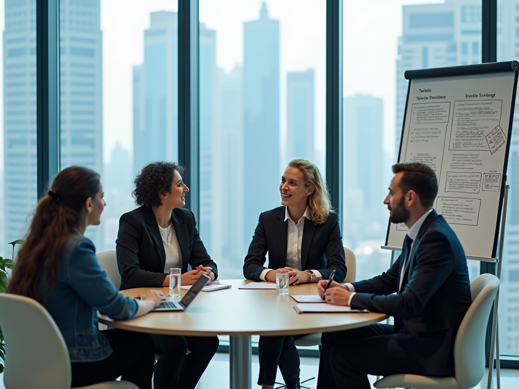 Four professionals discuss at a round table in a high-rise office, with cityscape visible through windows.