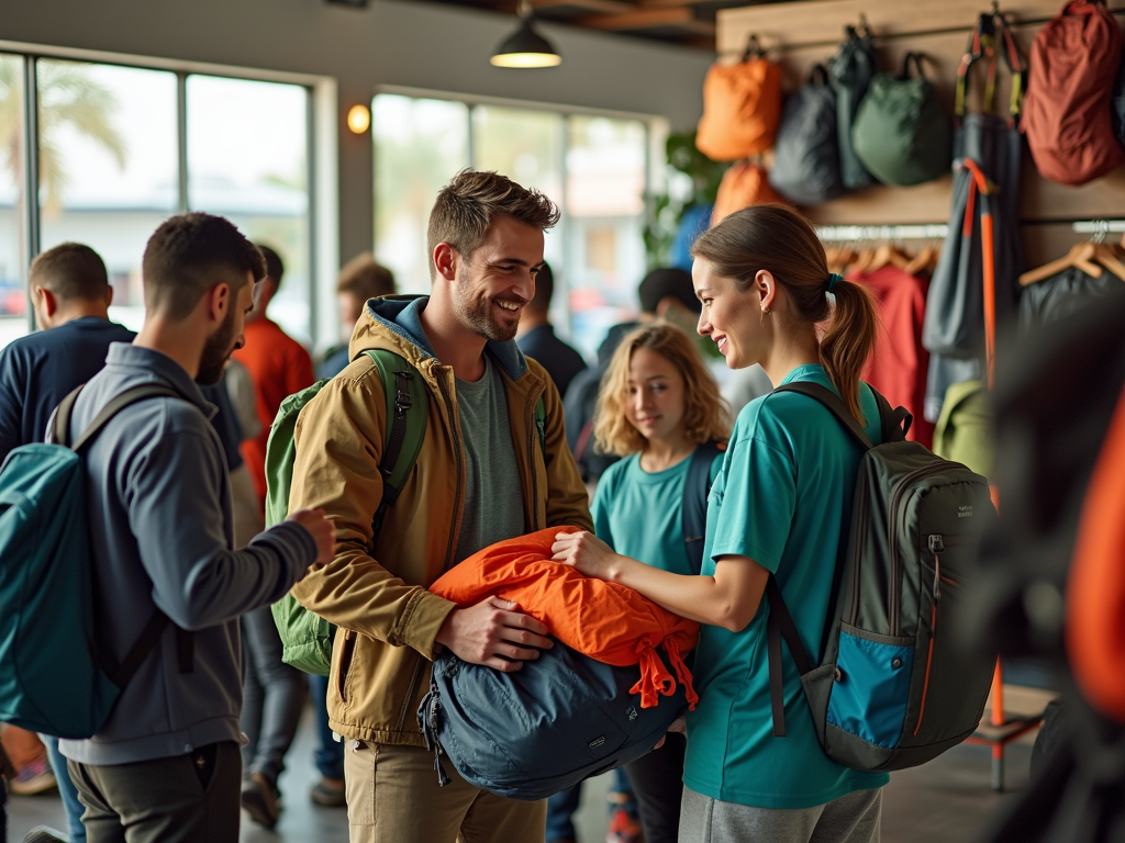 A man and a woman interact in a store filled with backpacks and outdoor gear, surrounded by other customers.