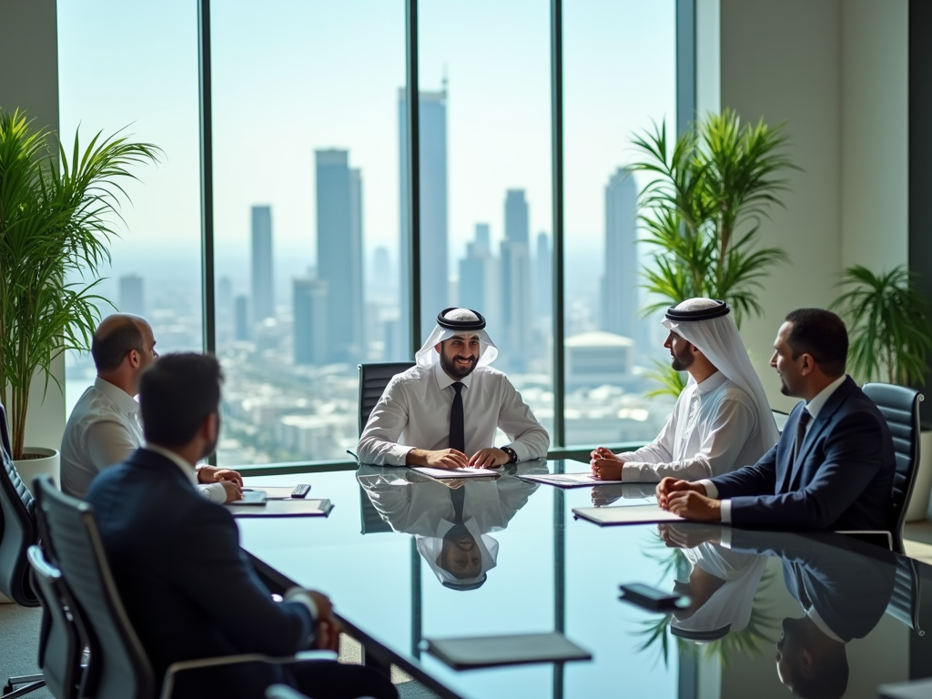 A business meeting is taking place with five men at a desk, city skyline visible through large windows behind them.