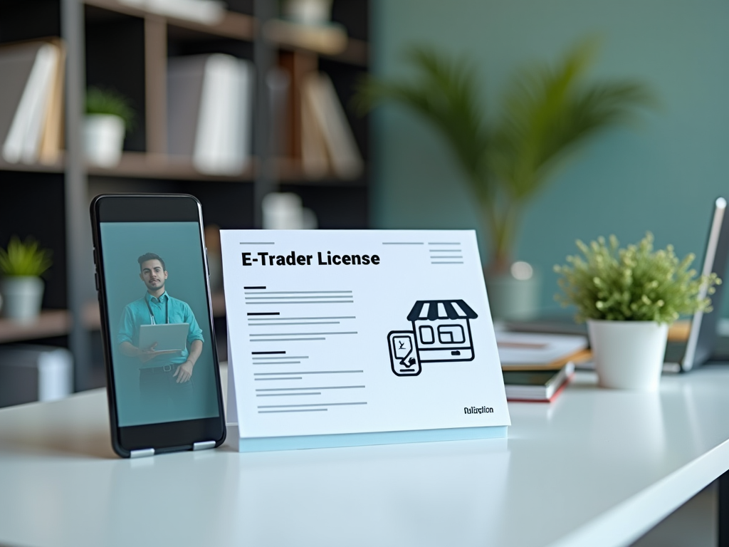 E-Trader license document in focus with man seen in phone screen, in modern office setting.