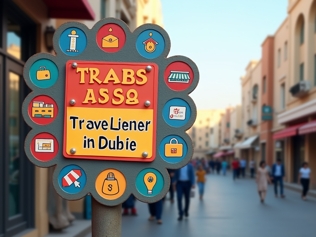 Colorful sign reading "TRABS ASS8, Travel Liener in Dubie" with various symbols, against a blurred street background.