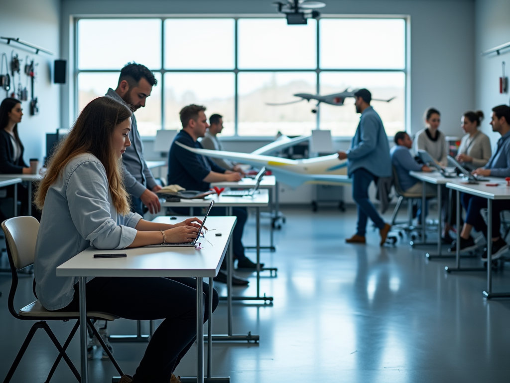 Team of engineers working on drone technology in a modern office, focusing on design and collaboration.