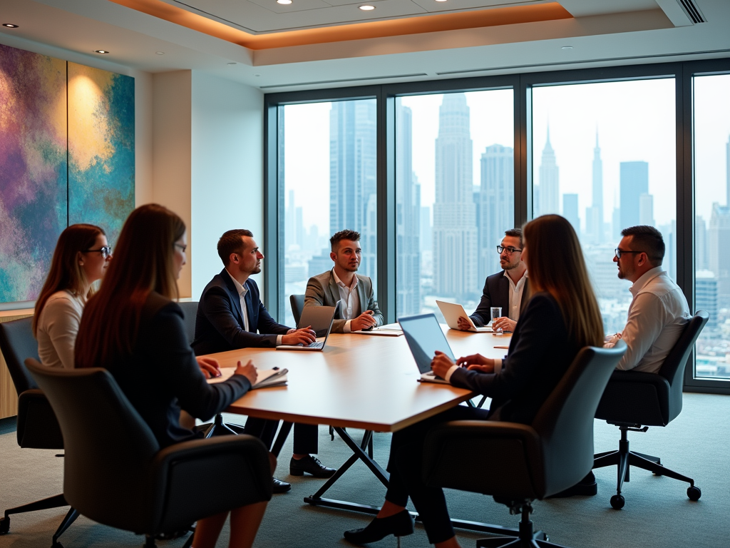 Group of professionals in a meeting at a modern office with a cityscape view through large windows.