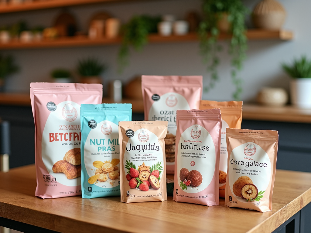 A variety of snack packages displayed on a wooden table with plants in the background.