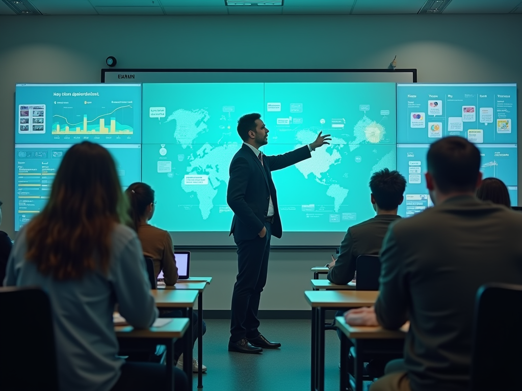 A presenter gestures towards a digital map and data display while engaging an audience seated at desks.