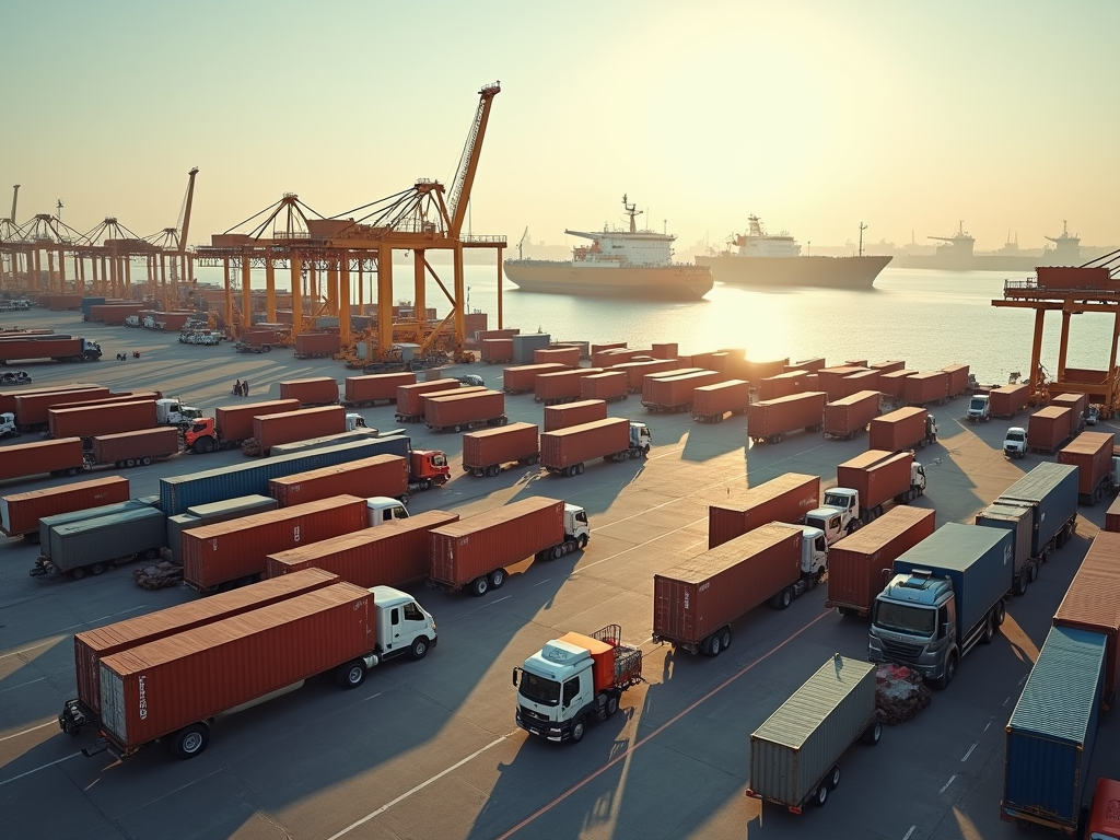 Busy port at sunset with multiple trucks and stacked containers, cranes in the background.