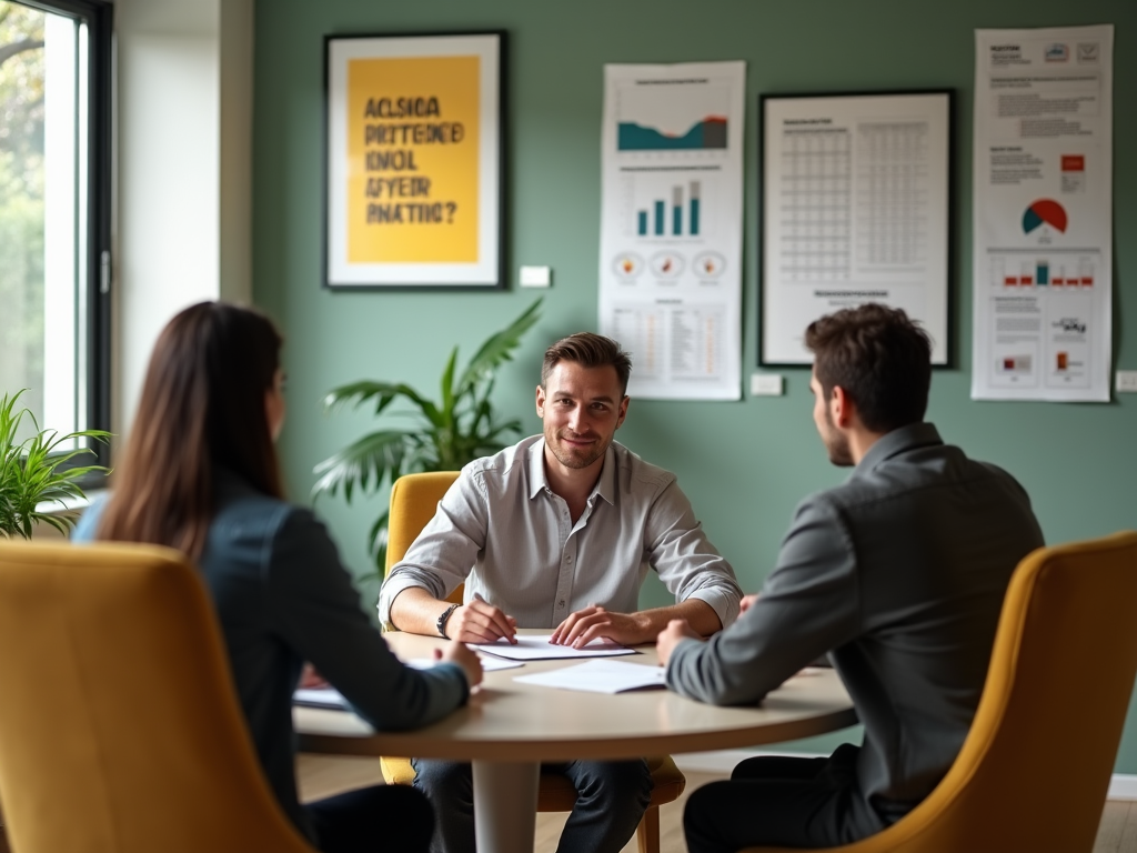 Three professionals in a meeting, discussing documents in an office with wall charts and plants.