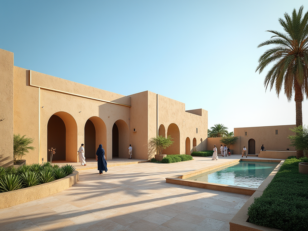 A serene courtyard with palm trees, arches, and people walking around a pool in a sunlit desert landscape.