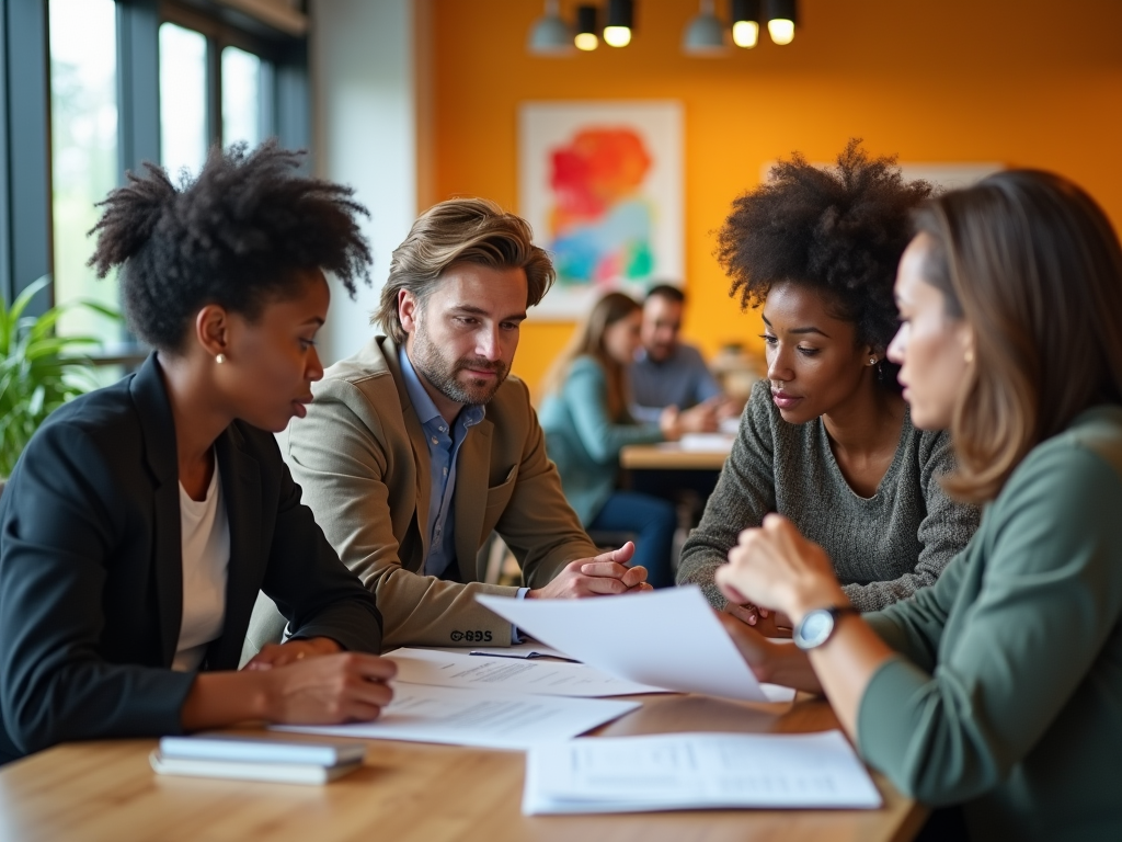 Four professionals discussing documents at a brightly colored office table.