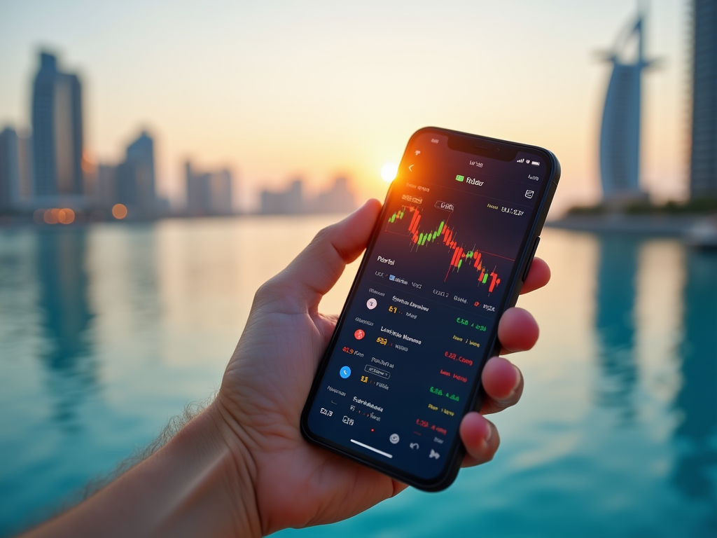 Hand holding smartphone displaying stock market charts, with sunset and skyline backdrop.