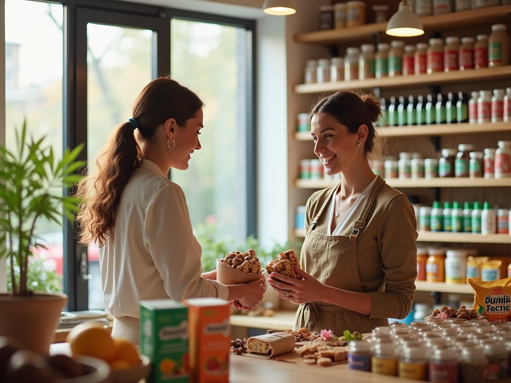 A customer smiles while receiving snacks from a friendly shopkeeper in a cozy store filled with health products.