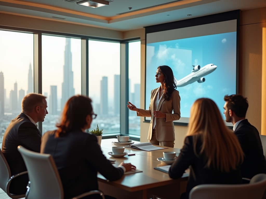 Woman presenting to colleagues in a boardroom with cityscape and airplane on screen.