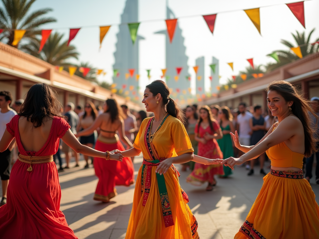 People in vibrant outfits dance joyfully at a festive outdoor event, with decorative flags and palm trees in the background.