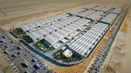 Aerial view of KIZAD Free Zone's industrial and warehouse facilities, illustrating growth and opportunities.