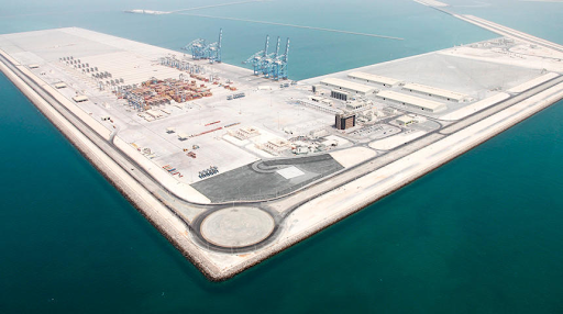 Aerial view of KIZAD Free Zone showcasing its industrial and logistic facilities surrounded by water.